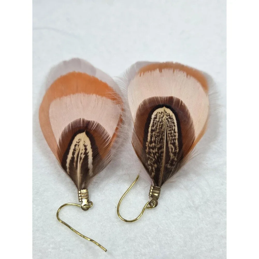 Boho Layered Feather Drop Earrings – Peach, Orange & Brown Patterned Gold-Tone